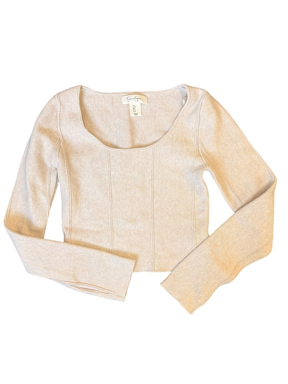 Jessica Simpson Cream Ribbed Knit Long Sleeve Top | Fitted Square Neck Sweater S